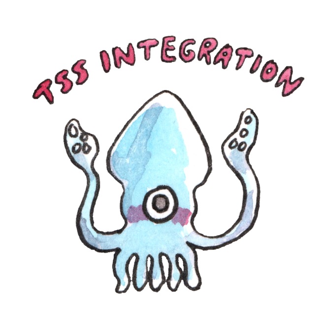 A cute blue squid with the words TSS Integration above it